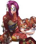  floral_print japanese_clothes kagami_hirotaka kimono lipstick looking_at_viewer makeup mask obi oboro_(taimanin_asagi) purple_hair sash simple_background sitting smile solo taimanin_(series) taimanin_asagi white_background wide_sleeves 