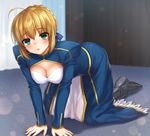  ahoge all_fours armor artoria_pendragon_(all) bangs blonde_hair blurry blush bokeh boots braid breasts center_opening cleavage commentary_request depth_of_field eyebrows_visible_through_hair fate/stay_night fate_(series) french_braid green_eyes highres juliet_sleeves long_sleeves looking_at_viewer mashu_003 medium_breasts parted_lips puffy_sleeves saber sidelocks solo 