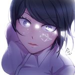  artist_name breasts close-up commentary_request danganronpa danganronpa_1 eyebrows_visible_through_hair freckles from_above grey_eyes ikusaba_mukuro light_rays looking_at_viewer medium_breasts open_mouth parted_lips rissu short_hair solo 