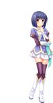  absurdres black_legwear blue_hair blush boots character_request crossed_arms detached_sleeves full_body ganryou hand_on_own_chin highres juliet_sleeves knee_boots koihime_musou long_sleeves looking_at_viewer pleated_skirt puffy_sleeves purple_eyes saeki_hokuto short_hair skirt smile solo thighhighs transparent_background white_footwear zettai_ryouiki 