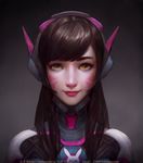  animal_print artist_name bodysuit brown_hair bunny_print chen_(caqiq) closed_mouth d.va_(overwatch) email_address facepaint headset looking_at_viewer nose overwatch portrait smile solo watermark web_address weibo_id whisker_markings yellow_eyes 