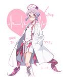  alternate_costume blush boots glasses hands_in_pockets hat highres idolmaster idolmaster_million_live! labcoat looking_at_viewer makabe_mizuki nurse nurse_cap purple_hair red-framed_eyewear riyo_(riyontoko) semi-rimless_eyewear short_hair shorts sleeveless solo stethoscope under-rim_eyewear yellow_eyes 