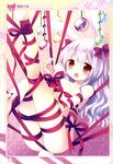  absurdres animal_ears bdsm bondage bound breasts bunny_ears bunny_tail cleavage collarbone eyebrows_visible_through_hair hanging highres long_hair looking_at_viewer medium_breasts naked_ribbon open_mouth original red_eyes red_ribbon restrained ribbon sakurazawa_izumi silver_hair solo tail underboob 