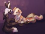  anthro black_fur black_nose blue_eyes breasts canine dog duo female fox fur hair lying male mammal nude pink_nose purple_background side_boob simple_background sitting tan_fur white_fur white_hair wide_hips zenirix 