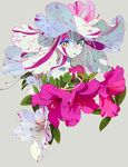  :o azalea_(flower) bare_shoulders collarbone flower green_eyes leaf looking_away looking_to_the_side multicolored multicolored_skin open_mouth original pink_skin plant_girl short_hair silver_background simple_background solo take_(illustrator) upper_body white_hair white_skin 