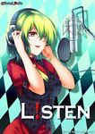  argyle argyle_background arm_belt black_vest bracelet breasts commentary_request cowboy_shot dress_shirt green_hair headphones highres jewelry kazami_yuuka koissa large_breasts microphone necktie pop_filter red_eyes red_shirt shirt short_sleeves solo touhou twitter_username vest 