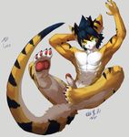  4_toes 5_fingers balls blue_fur blue_hair erection feline fur green_eyes hair horn hybrid male mammal mustelid navel nirvana_(pixiv) otter pawpads penis retracted_foreskin simple_background solo tiger toes tongue tongue_out uncut unknown_species white_fur yellow_fur 