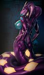  2016 anthro areola big_breasts blue_nipples blue_tongue breasts butt cybernetics cyborg fangs female forked_tongue frill hand_on_butt huge_breasts looking_at_viewer machine multi_arm multi_limb nipples nude open_mouth purple_body purple_scales rakisha reptile scales scalie side_boob slit_pupils snake solo tongue tongue_out yellow_scales 