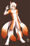  4_toes 5_fingers anthro balls canine flaccid fox fur hair humanoid_penis male mammal multi_tail navel nirvana_(pixiv) nude one_eye_closed orange_fur penis red_eyes scar simple_background solo standing tattoo toes uncut white_fur white_hair 