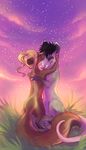  anthro black_hair blonde_hair brown_fur day duo eyes_closed fur grey_fur hair mammal marsupial nude opossum outside pink_nose sky smile standing zenirix 