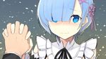  1girl bangs black_ribbon blue_eyes blue_hair blunt_bangs blush bow detached_sleeves eyebrows_visible_through_hair hair_bow hair_ornament hair_over_one_eye interlocked_fingers looking_at_viewer maid mzrz natsuki_subaru pink_bow re:zero_kara_hajimeru_isekai_seikatsu rem_(re:zero) ribbon short_hair shoulders shy snow snowing upper_body wavy_mouth x_hair_ornament 