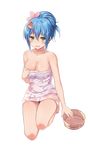  barefoot blue_hair breasts bucket cccpo cleavage floral_print full_body green_eyes hair_ornament highres large_breasts looking_at_viewer naked_towel official_art open_mouth shirohime_quest solo towel transparent_background updo wet yamatokoriyama_castle 