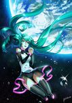  artist_name ass_visible_through_thighs bare_shoulders black_footwear black_legwear blue_eyes boots breasts briska cleavage detached_sleeves earth eyebrows_visible_through_hair floating_hair full_body green_hair green_nails hair_between_eyes hands_clasped hatsune_miku long_hair looking_away medium_breasts nail_polish open_mouth own_hands_together solo space sparkle thigh_boots thighhighs twintails very_long_hair vocaloid water_drop 