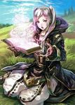  belt bisai book boots coat day female_my_unit_(fire_emblem:_kakusei) fire_emblem fire_emblem:_kakusei fire_emblem_cipher gloves hood hooded_jacket jacket knee_boots long_hair long_sleeves looking_at_viewer magic my_unit_(fire_emblem:_kakusei) official_art open_mouth outdoors pants sitting sleeves_past_wrists solo twintails white_hair 