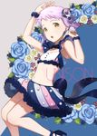  arms_up blush cover cover_page doujin_cover flower hair_flower hair_ornament idolmaster idolmaster_million_live! looking_at_viewer makabe_mizuki midriff mimizubare navel open_mouth purple_hair short_hair solo wristband yellow_eyes 