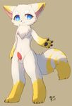  4_fingers balls blue_eyes digitigrade erection fur male navel neck_tuft nirvana_(pixiv) pawpads penis simple_background solo standing tapering_penis tuft unknown_species white_fur yellow_fur 