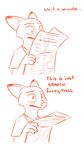  2016 anthro canine clothed clothing comic dialogue disney english_text fox holding_object humor male mammal monochrome newspaper nick_wilde orange_and_white simple_background solo text tggeko white_background zootopia 