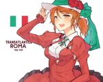  adjusting_clothes adjusting_hat aquila_(kantai_collection) armpit_cutout asakawa_(outeq) bad_anatomy blush bow breasts brown_eyes collared_shirt commentary_request flower frilled_skirt frilled_sleeves frills green_bow green_ribbon hair_ornament hairclip hat high_ponytail italian italian_flag italy kantai_collection long_hair long_sleeves medium_breasts open_mouth orange_hair red_flower red_rose ribbon rose round_teeth shirt simple_background skirt smile solo ss_roma teeth wavy_hair white_background white_shirt yellow_eyes 