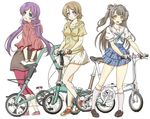  :d aqua_eyes bangs bicycle blue_skirt bow brown_footwear brown_hair commentary_request dark_skin folding_bicycle frilled_skirt frills grey_hair grin ground_vehicle hair_bow high-waist_skirt jewelry jinmaryu kneehighs koizumi_hanayo leggings loafers long_hair looking_at_viewer looking_back love_live! love_live!_school_idol_project minami_kotori multiple_girls necklace one_side_up open_mouth pink_footwear pink_legwear pink_scrunchie purple_eyes purple_hair red_footwear sailor_collar scrunchie shoes short_hair short_sleeves simple_background skirt smile sneakers toujou_nozomi twintails white_background white_skirt yellow_eyes 