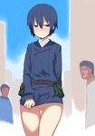  00s artist_request ass belt black_hair blue_eyes blush bottomless city dress_shirt exhibitionism formal highres kino kino_no_tabi pouch pussy pussy_juice shirt short_hair suit sweat tomboy uncensored 