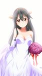  absurdres bad_id bad_pixiv_id bare_shoulders black_hair bouquet breasts brown_eyes cleavage collarbone dress elbow_gloves flower gloves hair_between_eyes hair_ornament hairband hairclip haruna_(kantai_collection) head_tilt highres holding holding_bouquet kantai_collection long_hair looking_at_viewer medium_breasts orange_hairband purple_flower red_ribbon ribbon shiny shiny_skin signature simple_background sleeveless sleeveless_dress smile solo strapless strapless_dress wedding_dress white_background white_dress white_gloves yhogila-q 