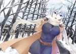  alternate_costume anastasia_(idolmaster) belt blue_eyes breasts coat commentary_request day dress dutch_angle eyebrows_visible_through_hair hair_between_eyes hiba_(p-p-purin) idolmaster idolmaster_cinderella_girls large_breasts long_sleeves outdoors ribbed_sweater scarf short_dress short_hair silver_hair snow solo sweater sweater_dress tree white_skin winter_clothes winter_coat 