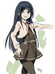 2016 4suke artist_name asashio_(kantai_collection) bangs belt black_dress black_hair black_legwear blue_eyes blush buttons collared_shirt cowboy_shot crossed_legs dated dress eyebrows_visible_through_hair flat_chest hand_on_hip kantai_collection long_hair long_sleeves looking_away looking_to_the_side neck_ribbon open_mouth outstretched_arm pantyhose pinafore_dress red_ribbon remodel_(kantai_collection) ribbon shirt simple_background solo standing very_long_hair white_background white_shirt 
