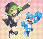  1boy 1girl artist_request bandai bikini_top breasts digimon digimon_(creature) digimon_story:_cyber_sleuth digimon_world_re:digitize dragon female green_hair happy jumping looking_at_viewer monster shinomiya_rina smile veemon wink 