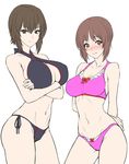  arms_behind_back bangs bikini black_bikini blush bow_bikini breasts brown_eyes brown_hair cleavage closed_mouth cowboy_shot crossed_arms embarrassed girls_und_panzer large_breasts looking_at_viewer medium_breasts multiple_girls nishizumi_maho nishizumi_miho pink_bikini short_hair siblings side-by-side side-tie_bikini simple_background sisters standing swimsuit white_background zucchini 