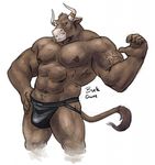  2014 5_fingers abs anthro biceps biped black_bottomwear black_clothing black_underwear bovine brown_eyes brown_fur brown_tail buck_(evane) bulge captaingerbear cattle clothed clothing digital_media_(artwork) evane flexing front_view fur gold_(metal) grin hand_on_hip hi_res horn horn_ring humanoid_hands jockstrap looking_at_viewer male mammal muscular muscular_male navel nipple_piercing nipples pecs piercing portrait pose profanity signature simple_background solo standing tail_tuft tattoo teeth three-quarter_portrait topless tuft underwear white_background white_horn 