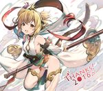  1girl 2016 :d andira_(granblue_fantasy) animal_ears bangs bare_shoulders beads blonde_hair blush breasts brown_eyes chiericyan choker cloud confetti detached_sleeves diamond_(shape) earrings english erune eyebrows_visible_through_hair fur_trim granblue_fantasy hairband holding jewelry leaning_forward leg_up looking_at_viewer monkey_ears monkey_tail open_mouth petals red_eyes sash shawl short_hair sideboob small_breasts smile solo staff tail tassel two_side_up white_background wind 