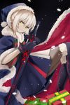  artoria_pendragon_(all) bad_id bad_pixiv_id blonde_hair blue_footwear blue_gloves blue_hat blue_santa_costume boots bow box brown_legwear cape dark_excalibur fate/grand_order fate_(series) gift gift_box gloves hair_bow hat highres holding holding_sword holding_weapon looking_at_viewer pantyhose santa_alter santa_costume santa_hat sidelocks solo sword thigh_boots thighhighs weapon yellow_eyes z_z 
