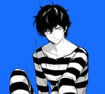  amamiya_ren black_hair braid curly_hair gloves hiokirasu looking_at_viewer male_focus monochrome persona persona_5 prison_clothes simple_background smile solo 