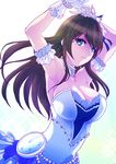  adapted_costume armpits arms_up black_hair blue_eyes breasts cleavage clock commentary_request gloves hairband idolmaster idolmaster_cinderella_girls idolmaster_cinderella_girls_starlight_stage jewelry jitome large_breasts long_hair looking_at_viewer off-shoulder_sweater rurukichi sagisawa_fumika solo starry_sky_bright sweater tiara upper_body white_gloves 
