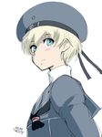  2016 4suke artist_name bangs blonde_hair blue_eyes blue_hat blue_shirt blush buttons closed_mouth clothes_writing dated flat_chest hair_between_eyes hat kantai_collection long_sleeves looking_away looking_to_the_side neckerchief sailor_collar sailor_hat shirt short_hair simple_background smile solo turtleneck upper_body white_background z1_leberecht_maass_(kantai_collection) 
