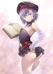  adjusting_clothes adjusting_panties ass bare_shoulders belt black_panties book commentary_request detached_sleeves fate/grand_order fate_(series) flat_chest hat helena_blavatsky_(fate/grand_order) highres jas_(annkoromochi) looking_at_viewer panties purple_eyes purple_hair short_hair smile solo strapless thighhighs tree_of_life underwear white_sleeves 