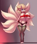  anthro big_breasts breasts clothed clothing female garter huge_breasts looking_at_viewer ninetales nintendo pok&eacute;mon ribbons skimpy smile solo video_games wide_hips xaenyth 
