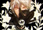  black_background black_gloves bud earrings eyebrows_visible_through_hair face facepaint floral_background fox_shadow_puppet gloves hair_between_eyes holding holding_mask jewelry light_smile logo long_sleeves looking_at_viewer mad369 male_focus mask mask_removed nakigitsune silver_hair solo touken_ranbu yellow_eyes 