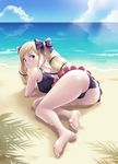  1girl ass barefoot beach blonde_hair blue_sky blush bow breasts cloud drill_hair elise_(fire_emblem_if) feet fire_emblem fire_emblem_if frilled_swimsuit frills from_behind hair_bow hair_ribbon long_hair looking_at_viewer looking_back lying nintendo ocean one-piece_swimsuit purple_eyes ribbon sand sky small_breasts smile soles solo swimsuit thor_(deep_rising) toes tree_shade twin_drills twintails very_long_hair water wet 