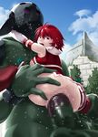  1girl blush breasts cowgirl_position fire_emblem fire_emblem_if hinoka_(fire_emblem_if) nintendo rape red_eyes red_hair red_legwear sex short_hair small_breasts spread_legs thor_(deep_rising) torn_clothes vaginal 