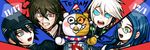  3boys android baseball_cap blue_eyes brown_hair clenched_teeth danganronpa dated drum drumsticks gakuran glasses gokuhara_gonta green_eyes grey_eyes hair_between_eyes hat instrument keebo long_hair looking_down monosuke multiple_boys new_danganronpa_v3 open_mouth party_hat power_armor red_eyes ringed_eyes rokuichi_(bluelamp61) round_eyewear saihara_shuuichi school_uniform semi-rimless_eyewear serafuku shirogane_tsumugi short_hair smile sunburst sweatdrop teeth white_hair 