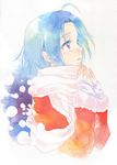  agahari ahoge blue_hair fur_trim highres idolmaster idolmaster_(classic) long_sleeves looking_up miura_azusa parted_lips red_eyes scarf sleeves_past_wrists solo steepled_fingers 