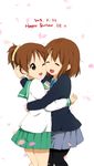  2girls :d ;d ^_^ bangs blue_ribbon blue_skirt blurry brown_eyes brown_hair cheek-to-cheek closed_eyes collared_shirt dated depth_of_field green_skirt hair_ornament hairclip happy_birthday highres hirasawa_ui hirasawa_yui hug k-on! multiple_girls official_style one_eye_closed open_mouth pantyhose petals pleated_skirt ponytail ragho_no_erika ribbon round_teeth sakuragaoka_high_school_uniform school_uniform serafuku shirt short_hair siblings sisters skirt smile smiley_face teeth white_background white_shirt 