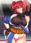  adapted_costume asymmetrical_clothes bare_shoulders breasts fingerless_gloves gloves grin hair_bobbles hair_ornament hand_on_hip kupala large_breasts leotard onozuka_komachi red_hair short_hair sleeveless smile solo thighhighs touhou turtleneck two_side_up wrestling_outfit 