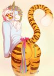  2016 anthro bottomless butt buxbi buxbi_(character) clothed clothing feline female fur hair half-closed_eyes looking_at_viewer looking_back mammal orange_fur pink_nose simple_background smile solo stripes tiger white_hair yellow_eyes 