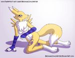  2016 3_toes 4_fingers abstract_background arm_warmers black_nose black_sclera blue_eyes breasts browniecomicwriter canine cel_shading cheek_fluff digimon dipstick_tail featureless_breasts female fox fur mammal markings mostly_nude multicolored_fur multicolored_tail nude purple_markings renamon simple_background solo toes two_tone_fur white_fur yellow_fur 