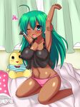  bad_id bad_pixiv_id bed breasts covered_nipples dark_skin doll green_eyes green_hair haniwagi_(hal) highres koyomi_(haniwagi) large_breasts long_hair one_eye_closed original panties solo tank_top underwear waking_up window 