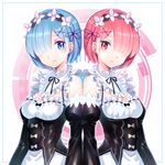  blue_eyes blue_hair breasts cleavage closed_mouth commentary_request detached_sleeves hair_ornament hair_over_one_eye hair_ribbon highres kngn looking_at_viewer maid maid_headdress multiple_girls pink_eyes pink_hair purple_ribbon ram_(re:zero) re:zero_kara_hajimeru_isekai_seikatsu rem_(re:zero) ribbon shiny shiny_clothes short_hair siblings side-by-side sisters small_breasts smile twins x_hair_ornament 