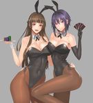  :&gt; :d animal_ears argyle bangs bare_shoulders black_gloves black_legwear blunt_bangs breast_press breasts brown_hair bunny_ears bunnysuit card cleavage commentary covered_navel damegane detached_collar ear_piercing elbow_gloves eyebrows eyebrows_visible_through_hair fake_animal_ears gloves grey_background hands_on_another's_hips highres holding holding_card holding_tray jewelry knee_up large_breasts leg_up long_hair looking_at_viewer multiple_girls open_mouth original pantyhose piercing poker_chip purple_eyes purple_hair red_eyes short_hair_with_long_locks sidelocks simple_background smile straight_hair thick_thighs thighs tray wrist_cuffs 