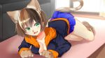  1girl animal_ears animal_feet animal_hands artist_request black_jacket blue_skirt breasts brown_hair cat_ears cat_tail cleavage couch fang game_cg green_eyes indoors jacket medium_breasts monster_girl monster_musume_no_iru_nichijou monster_musume_no_iru_nichijou_online multicolored_hair nekomata official_art on_floor open_mouth short_hair skin_fang skirt solo tail were_(monster_musume) 